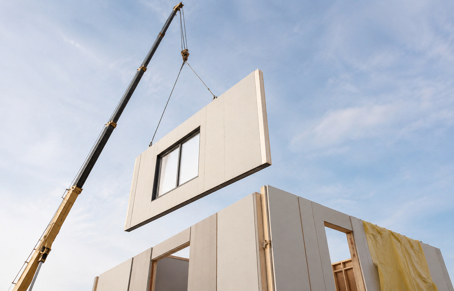 Holzrahmenbau — Wandelemente werden per Kran montiert